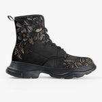 PU Leather Chunky Boots Luxury Black Flowers and Golden Leaves