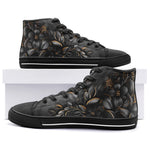 High-Top Canvas Shoes Luxury Black Flowers and Golden Leaves