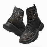 PU Leather Chunky Boots Luxury Black Flowers and Golden Leaves