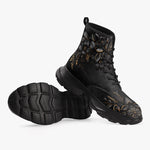 PU Leather Chunky Boots Luxury Black Flowers and Golden Leaves