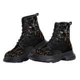 PU Leather Chunky Boots Luxury Black Flowers and Golden Leaves