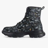 PU Leather Chunky Boots Dark Grey and Black Leaves