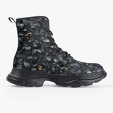 PU Leather Chunky Boots Dark Grey and Black Leaves