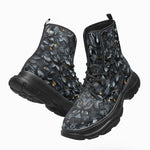 PU Leather Chunky Boots Dark Grey and Black Leaves