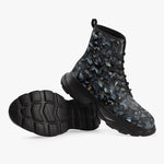 PU Leather Chunky Boots Dark Grey and Black Leaves