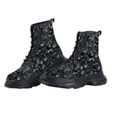 PU Leather Chunky Boots Dark Grey and Black Leaves