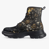 PU Leather Chunky Boots Black and Gold Dahlia Flowers