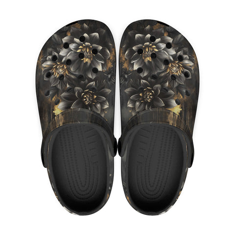 Classic Clogs Black and Gold Dahlia Flowers