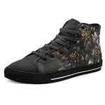 High-Top Canvas Shoes Black and Gold Dahlia Flowers