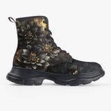 PU Leather Chunky Boots Black and Gold Dahlia Flowers