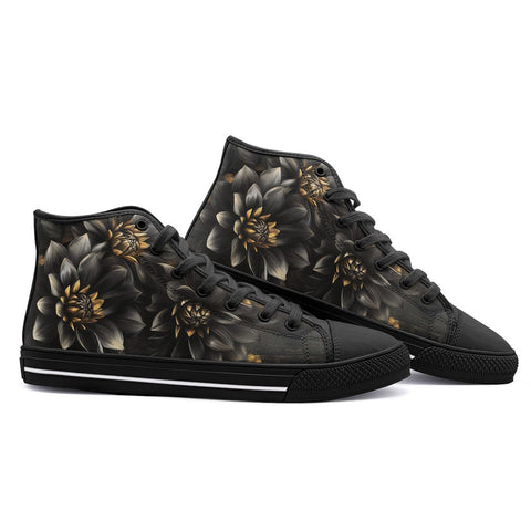 High-Top Canvas Shoes Black and Gold Dahlia Flowers