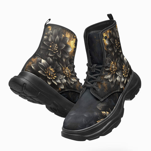 PU Leather Chunky Boots Black and Gold Dahlia Flowers