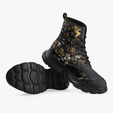 PU Leather Chunky Boots Black and Gold Dahlia Flowers