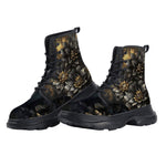 PU Leather Chunky Boots Black and Gold Dahlia Flowers